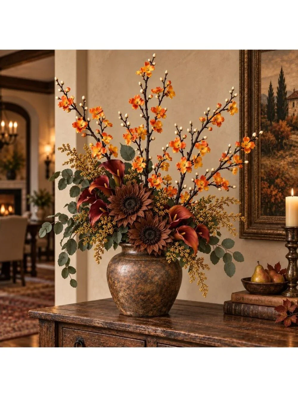 5 Artificial Orange Yellow Blossom Branch Stems 22 Inch Faux Silk Fall Flowers W